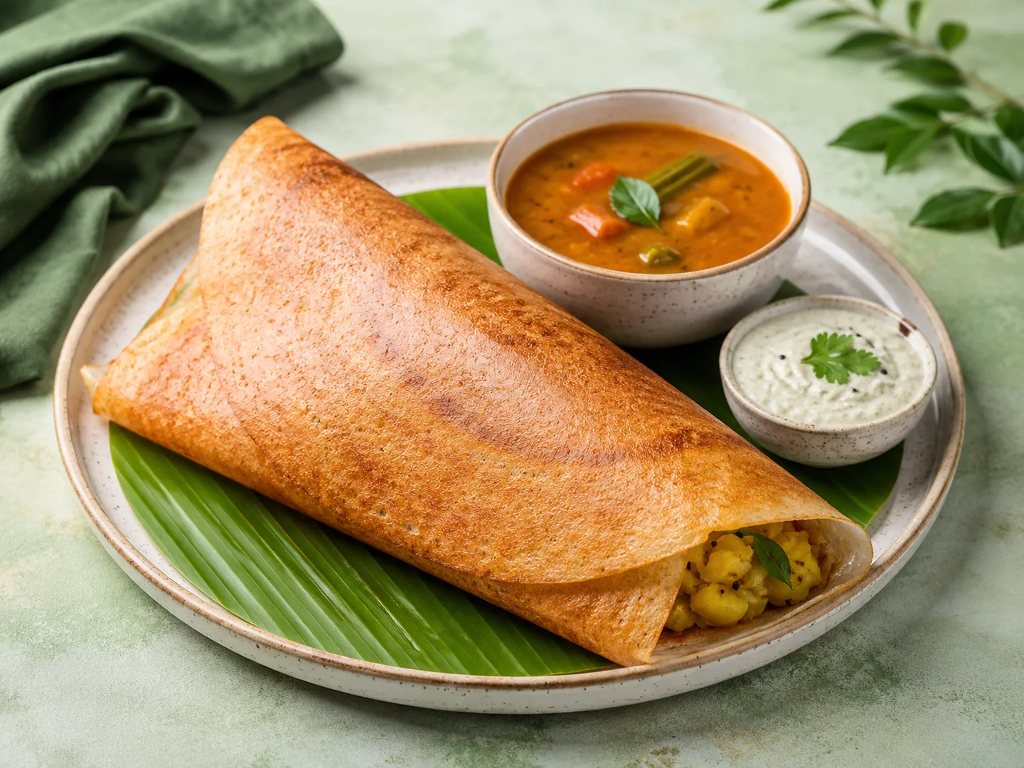 Masala Dosa mit Sambar und Kokos-Chutney