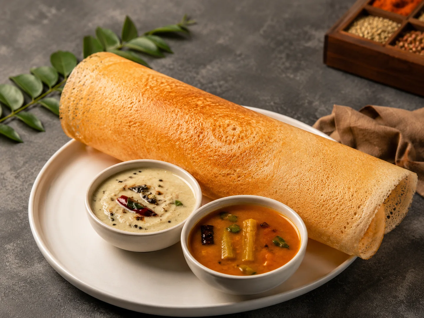 Knusprige Plain Dosa mit Sambar und Kokos-Chutney