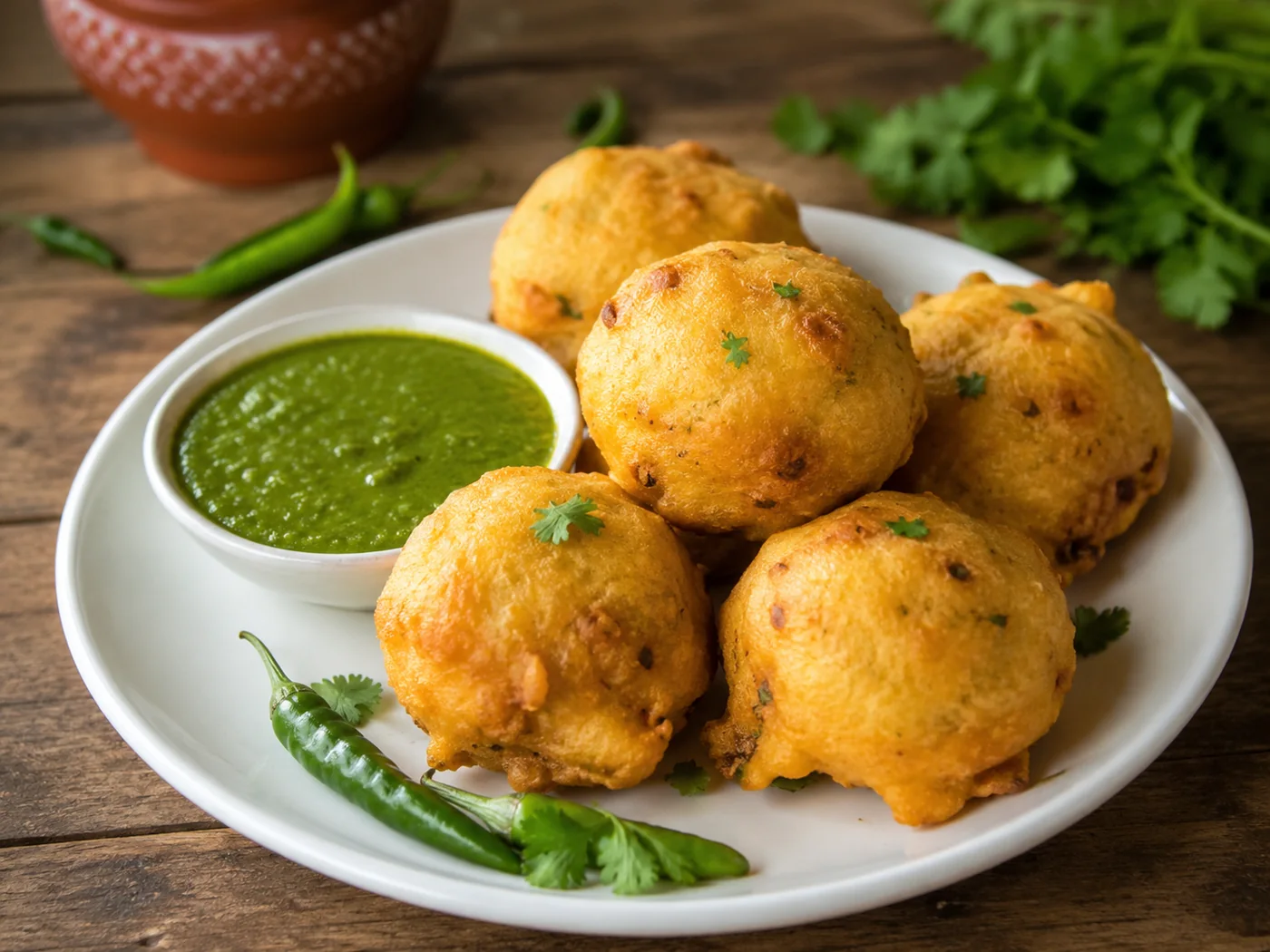 Goldbraune Batata Vada mit grünem Chutney