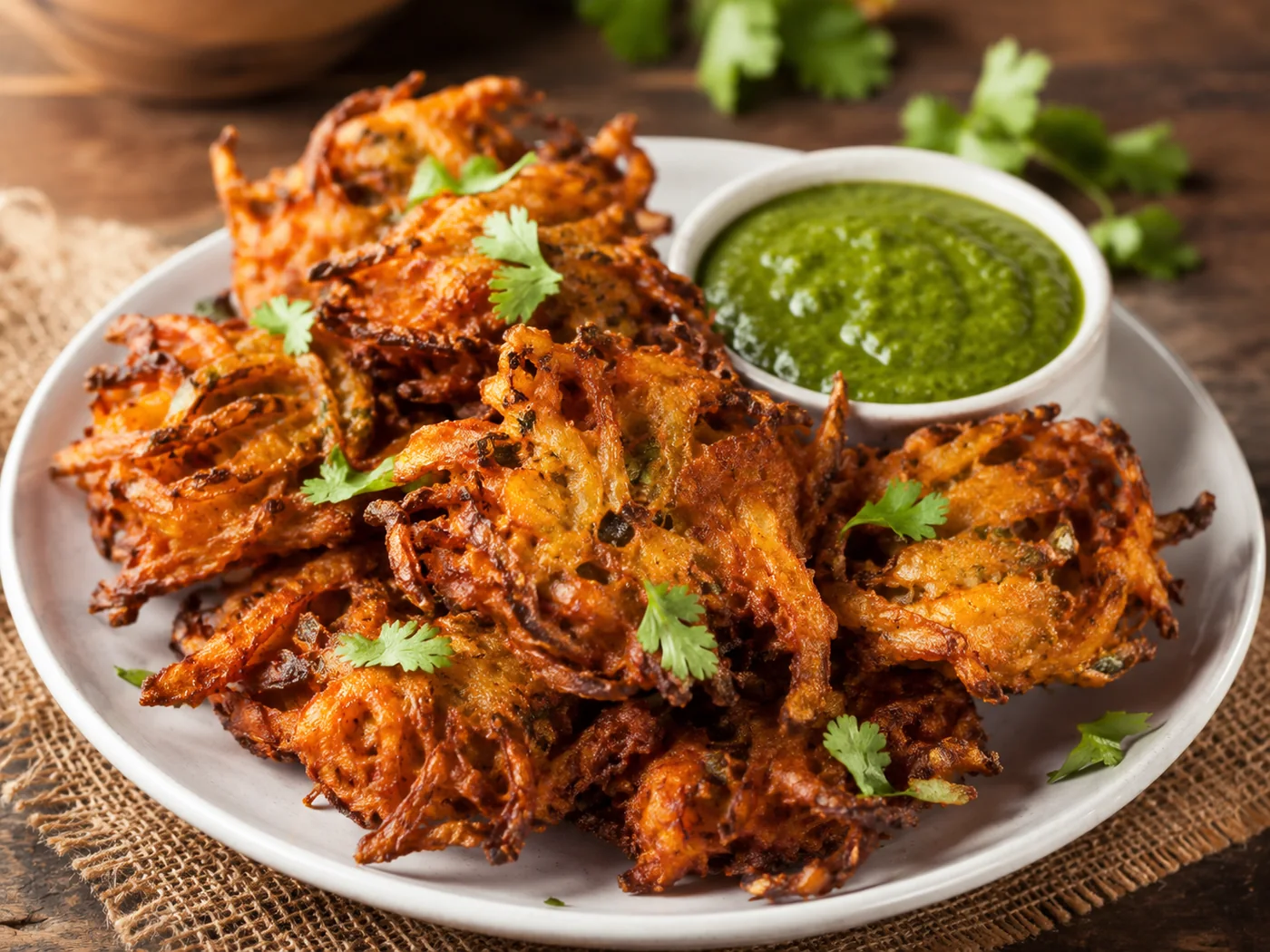 Knusprige Onion Bhaji mit grünem Chutney