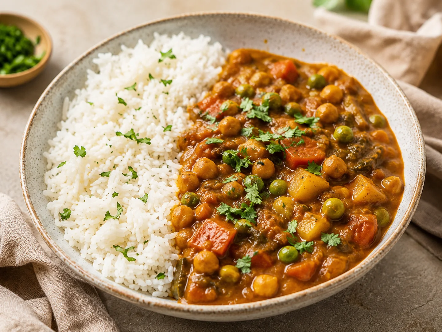 Vegane indische Curry-Bowl mit Basmati-Reis bei SHIVAYA