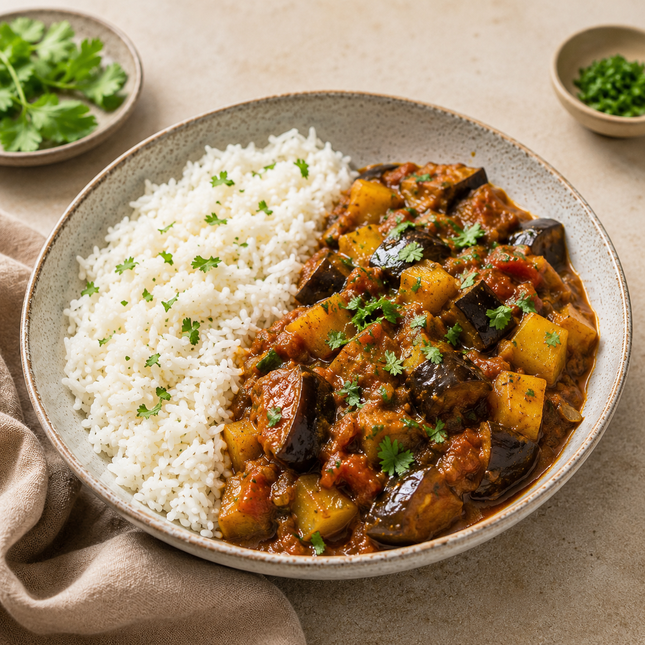 Aloo Baingan mit Basmati-Reis